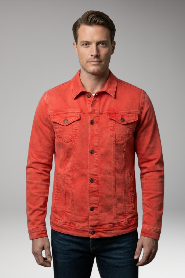 Men's Denim Bomber Jacket with Front Closure and Long Sleeves
