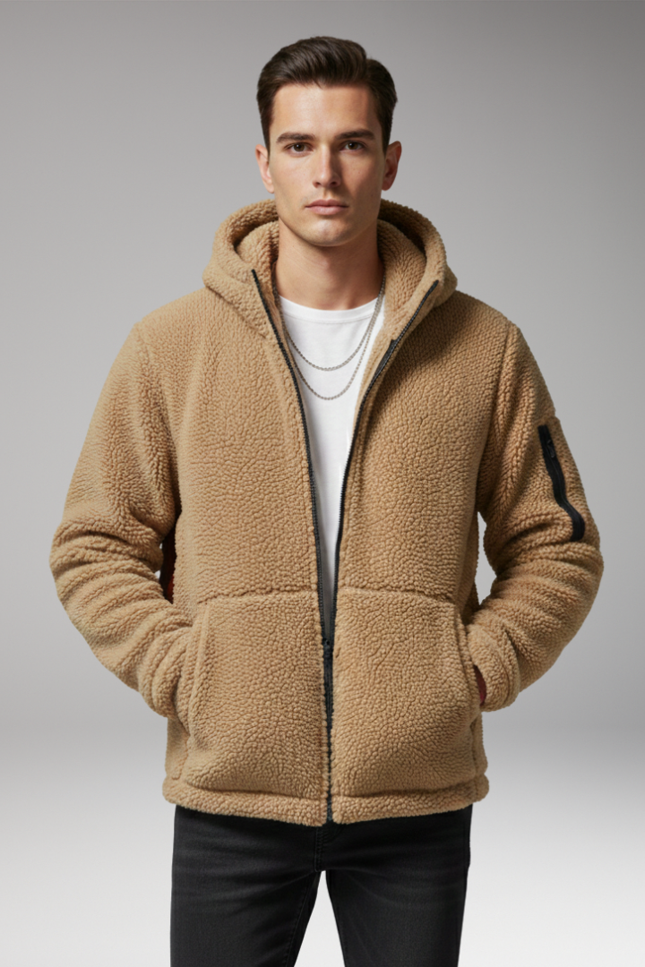 Men's Fleece Jacket with Hood and Zip Pocket