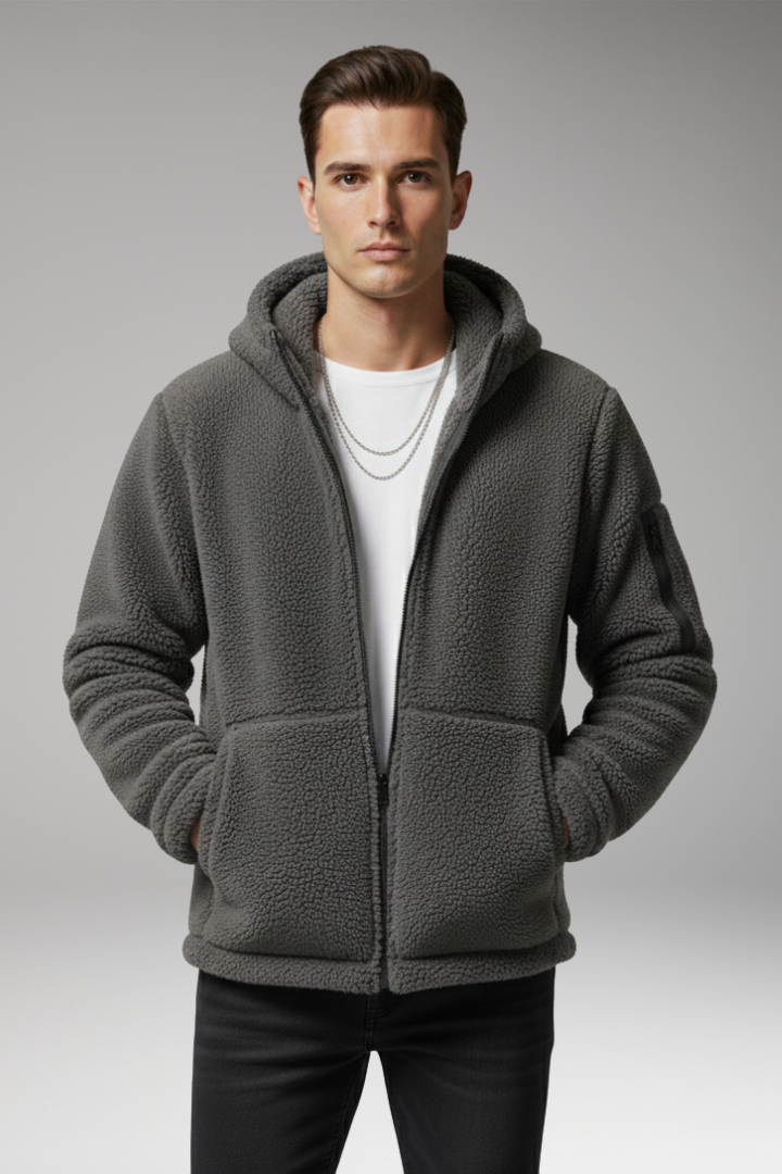 Men's Fleece Jacket with Hood and Zip Pocket