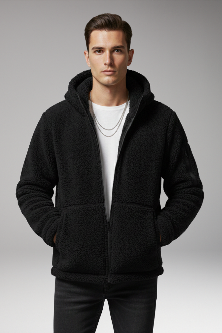 Men's Fleece Jacket with Hood and Zip Pocket