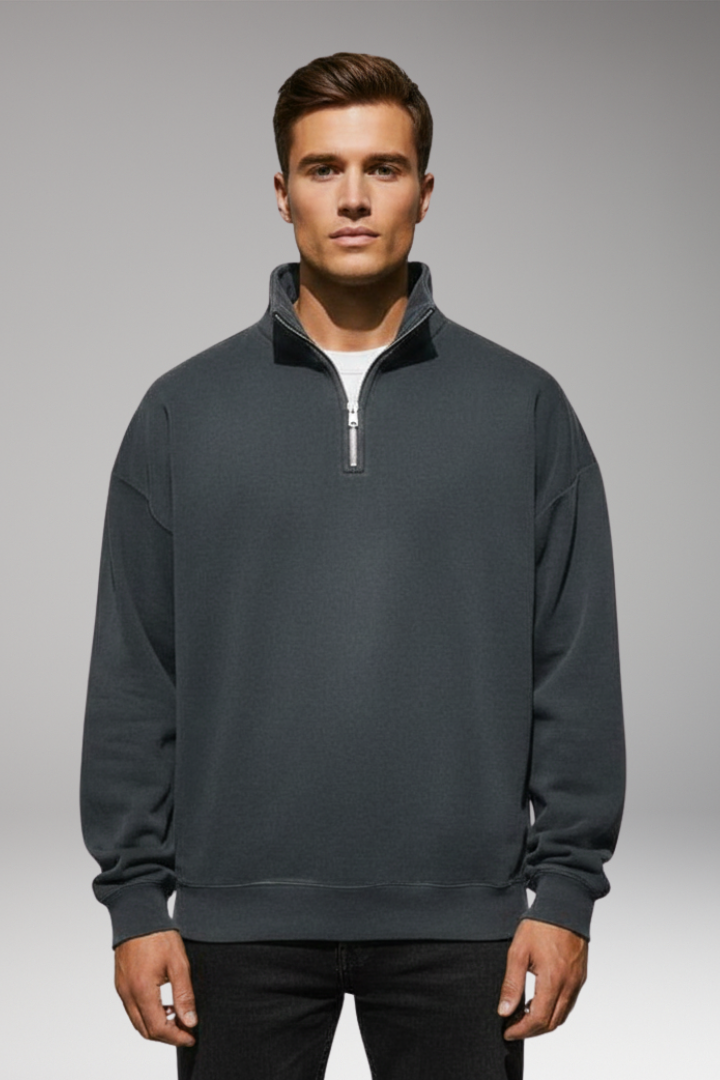 Men's Fleece Pullover with Stand Collar and Ribbed Cuffs