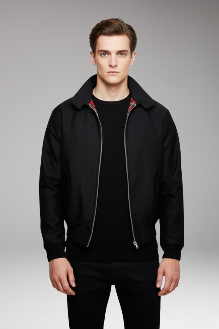 Men's Harrington Jacket with Zip Closure and Checked Lining