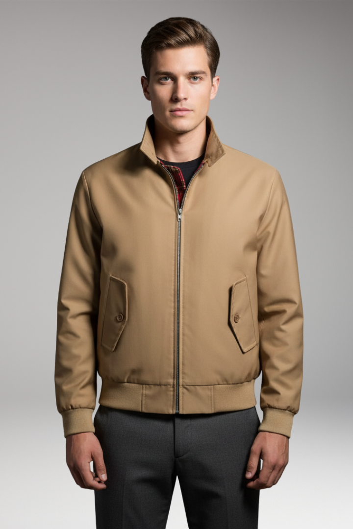 Men's Harrington Jacket with Zip Closure and Checked Lining