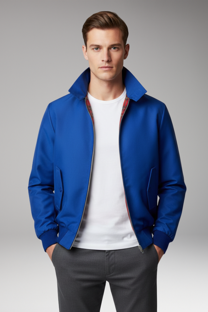 Men's Harrington Jacket with Zip Closure and Checked Lining