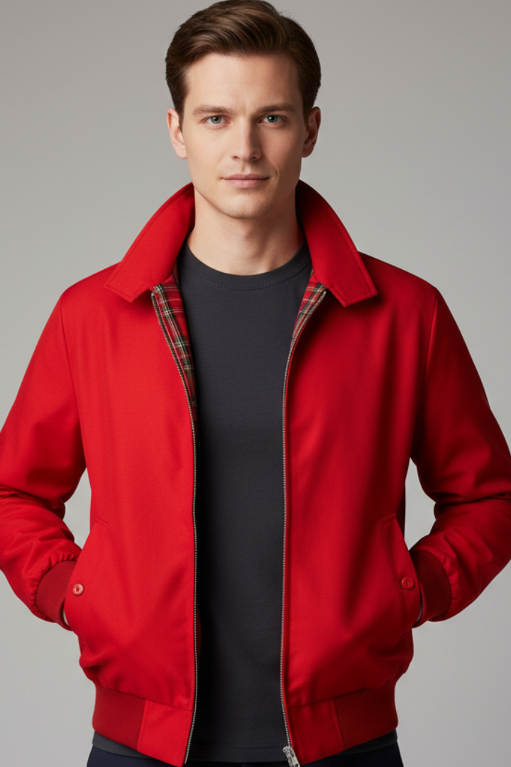 Men's Harrington Jacket with Zip Closure and Checked Lining