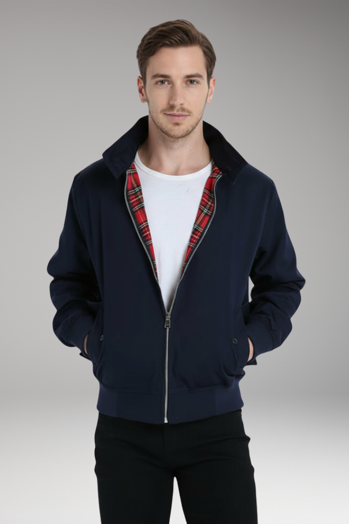 Men's Harrington Jacket with Zip Closure and Checked Lining