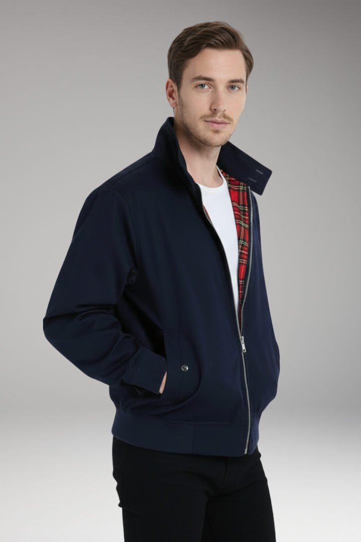 Men's Harrington Jacket with Zip Closure and Checked Lining