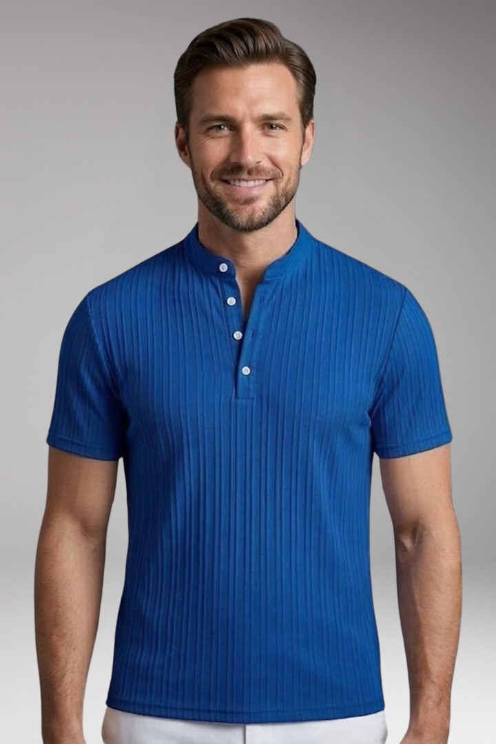 Men's Henley T Shirt with Button Placket and Ribbed Surface