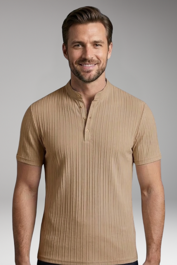 Men's Henley T Shirt with Button Placket and Ribbed Surface