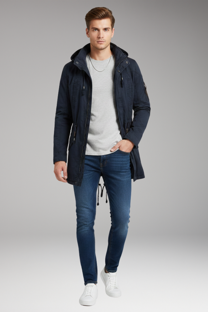 Men's Hooded Jacket with Drawstring Waist and Front Pockets