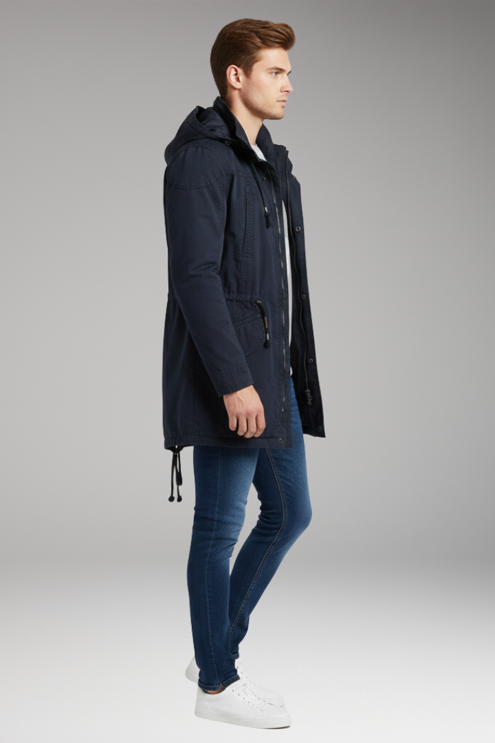 Men's Hooded Jacket with Drawstring Waist and Front Pockets