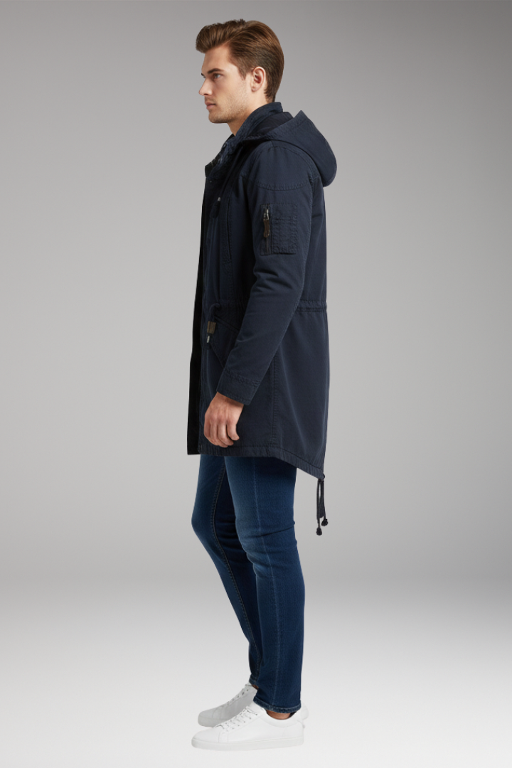 Men's Hooded Jacket with Drawstring Waist and Front Pockets