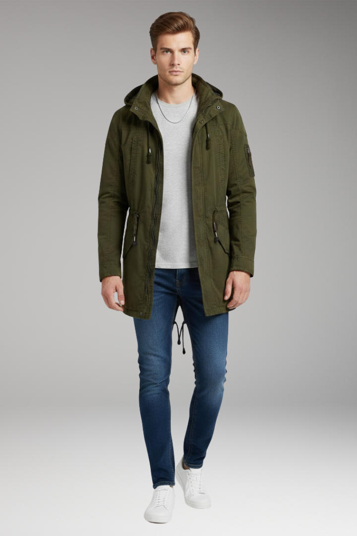Men's Hooded Jacket with Drawstring Waist and Front Pockets