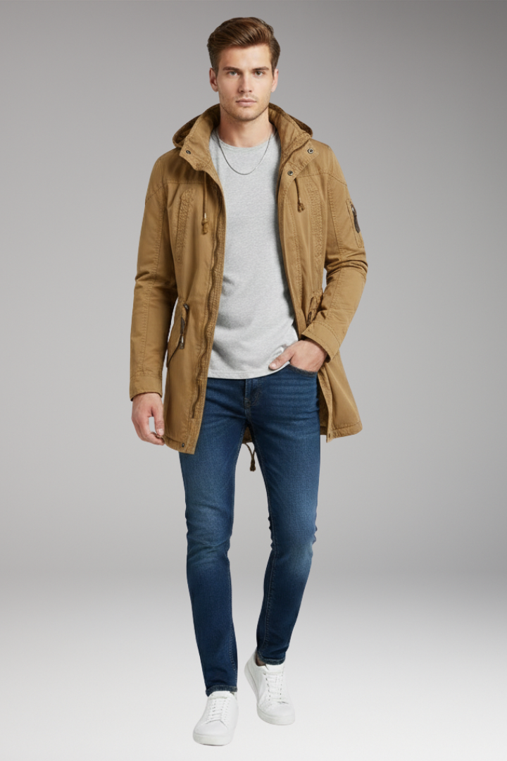 Men's Hooded Jacket with Drawstring Waist and Front Pockets