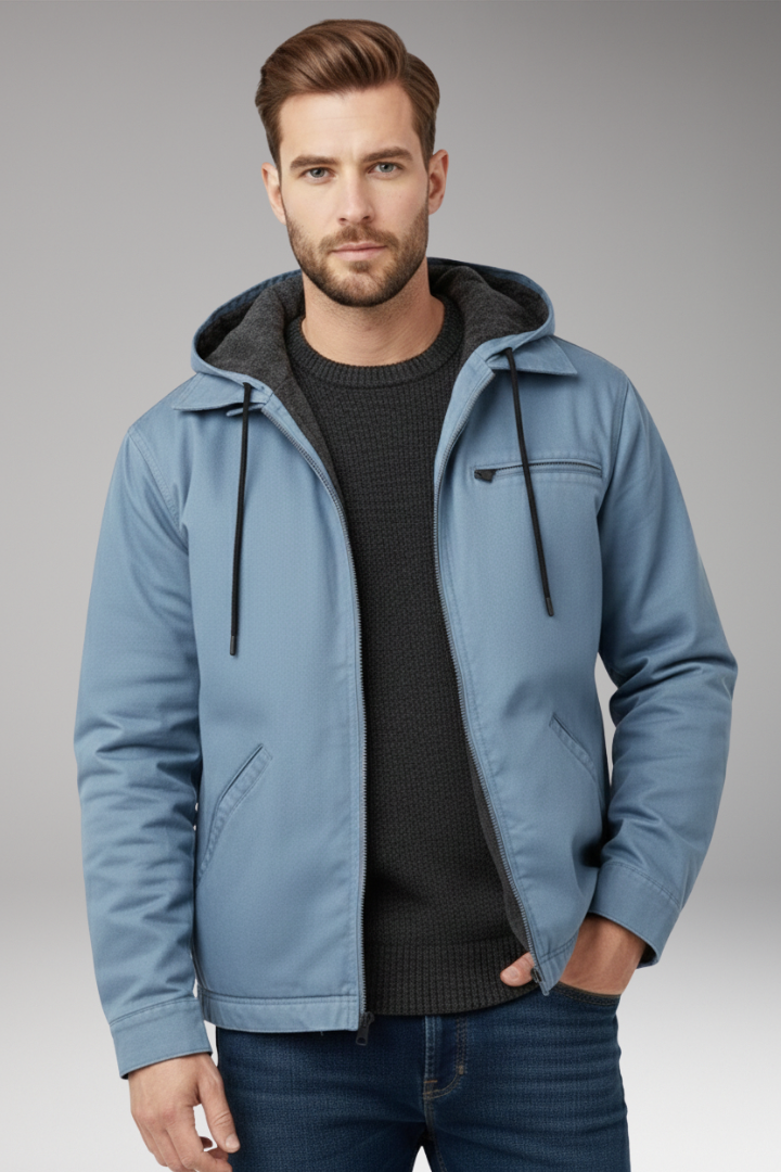 Men's Hooded Jacket with Zipper and Side Pockets