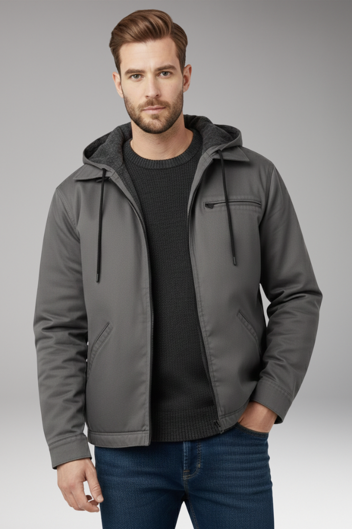 Men's Hooded Jacket with Zipper and Side Pockets