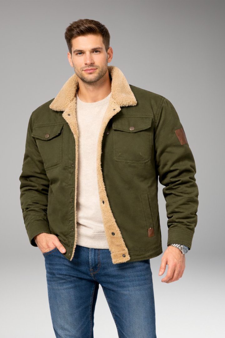 Men's Jacket with Button Closure and Sherpa Lining