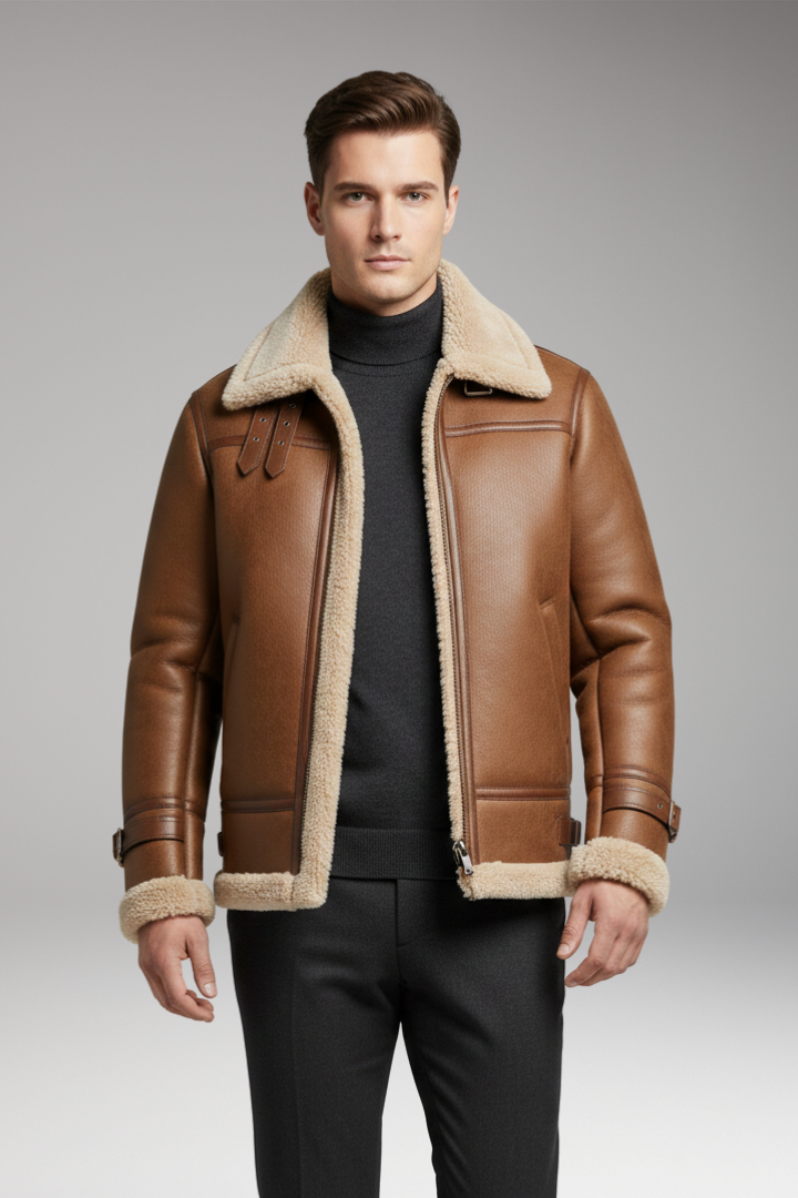 Men's Jacket with Synthetic Collar and Front Zipper