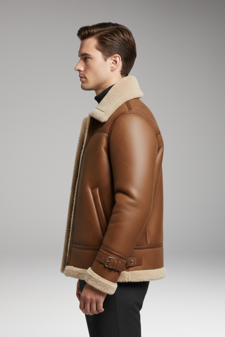 Men's Jacket with Synthetic Collar and Front Zipper