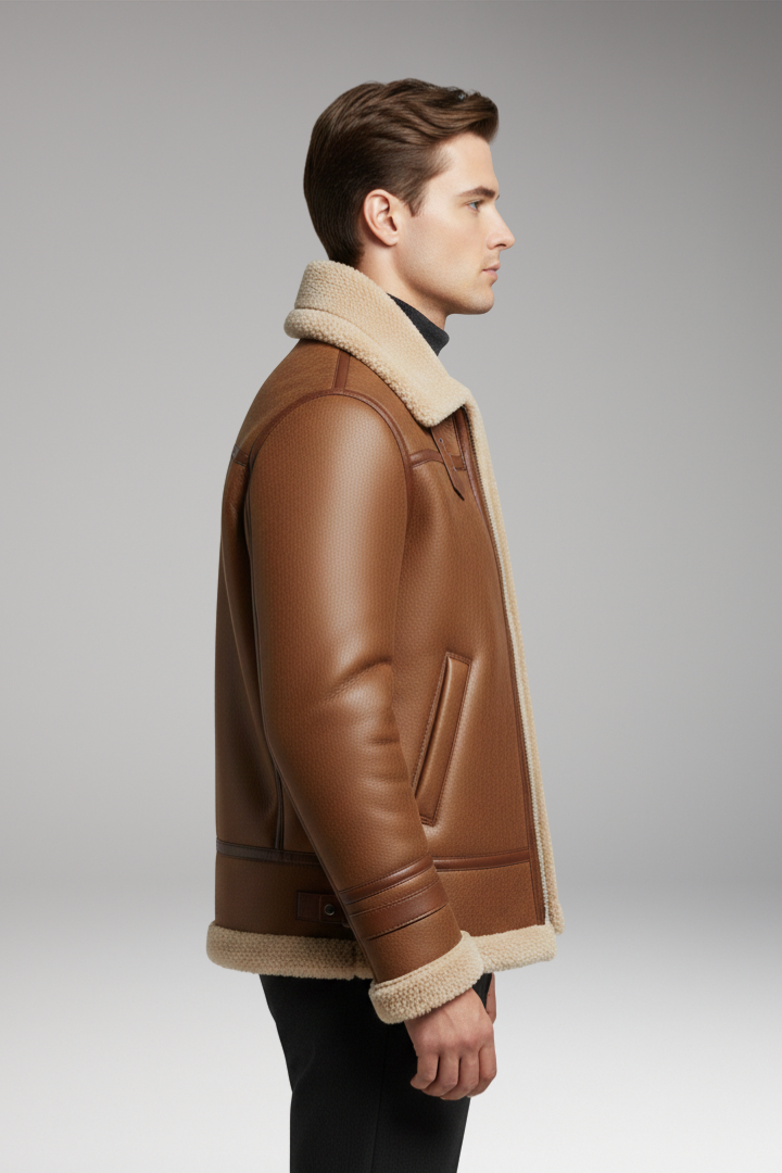 Men's Jacket with Synthetic Collar and Front Zipper