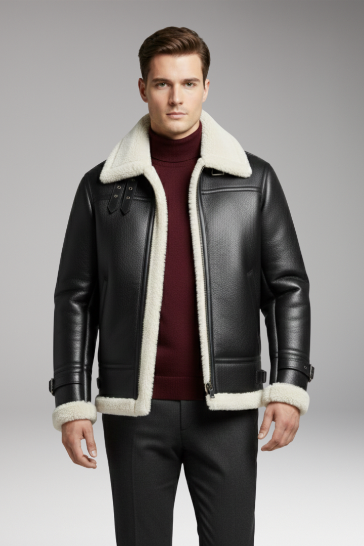 Men's Jacket with Synthetic Collar and Front Zipper