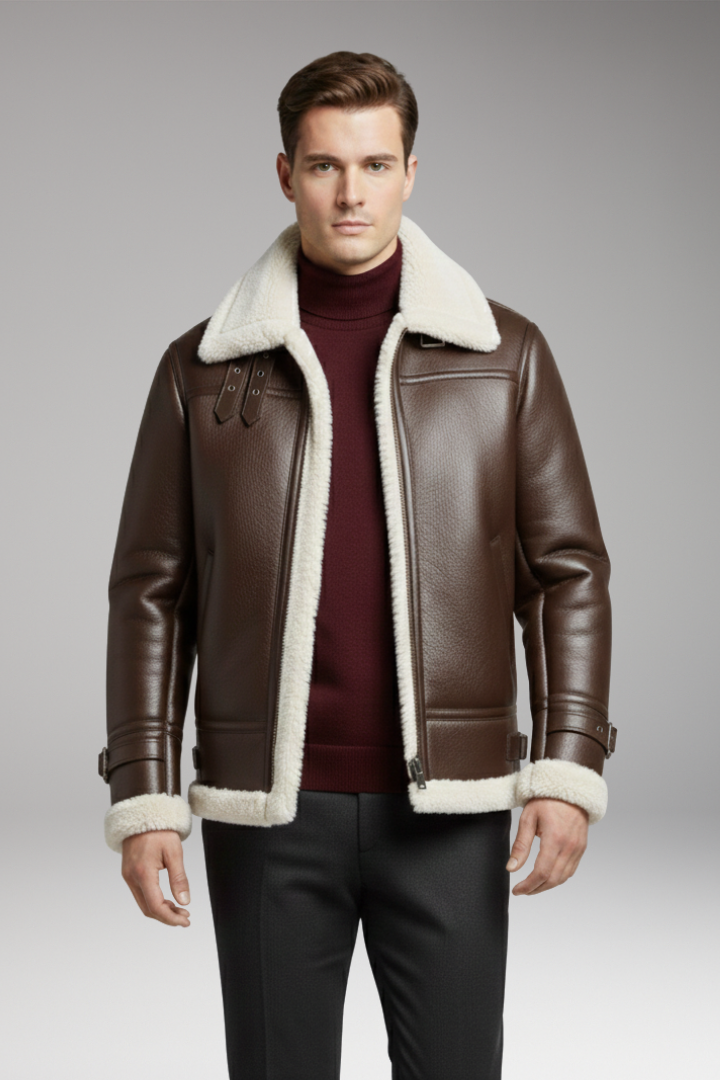 Men's Jacket with Synthetic Collar and Front Zipper