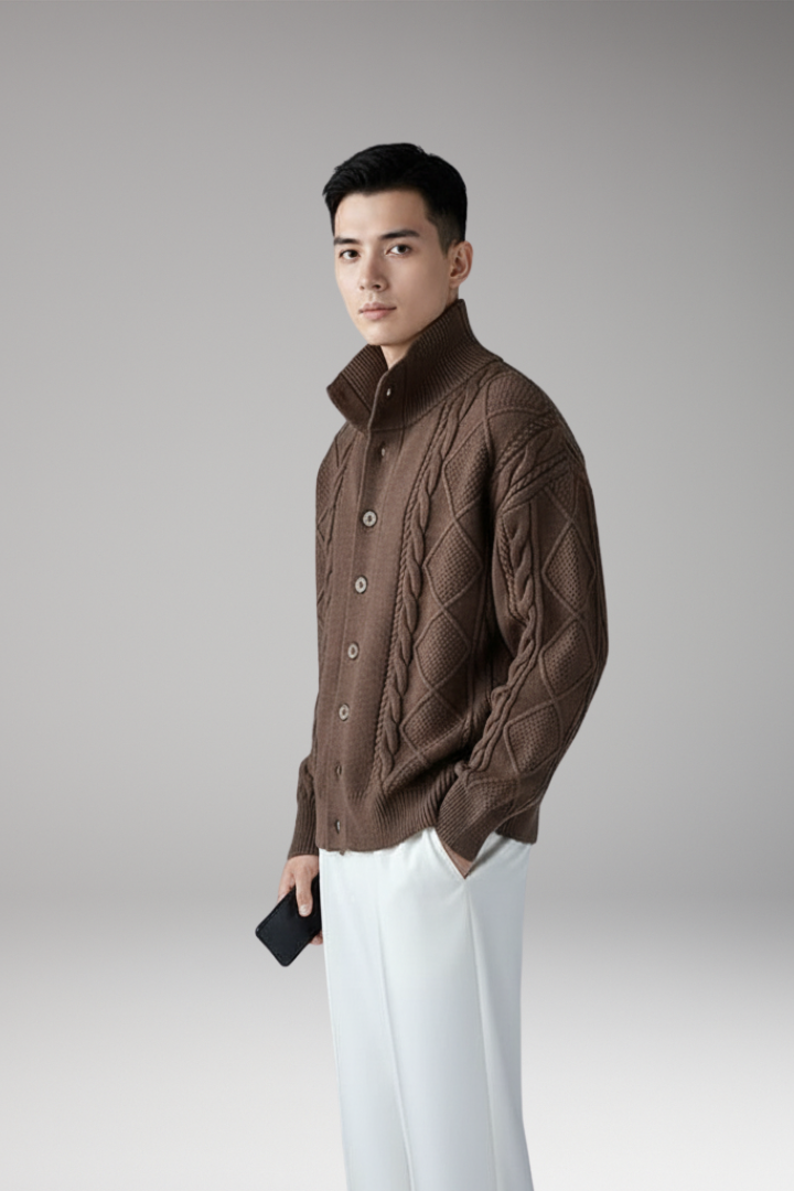 Men’s Knit Cardigan with Button Closure and Ribbed Surface