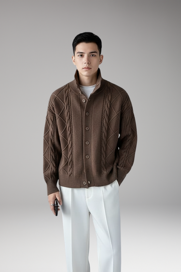 Men’s Knit Cardigan with Button Closure and Ribbed Surface
