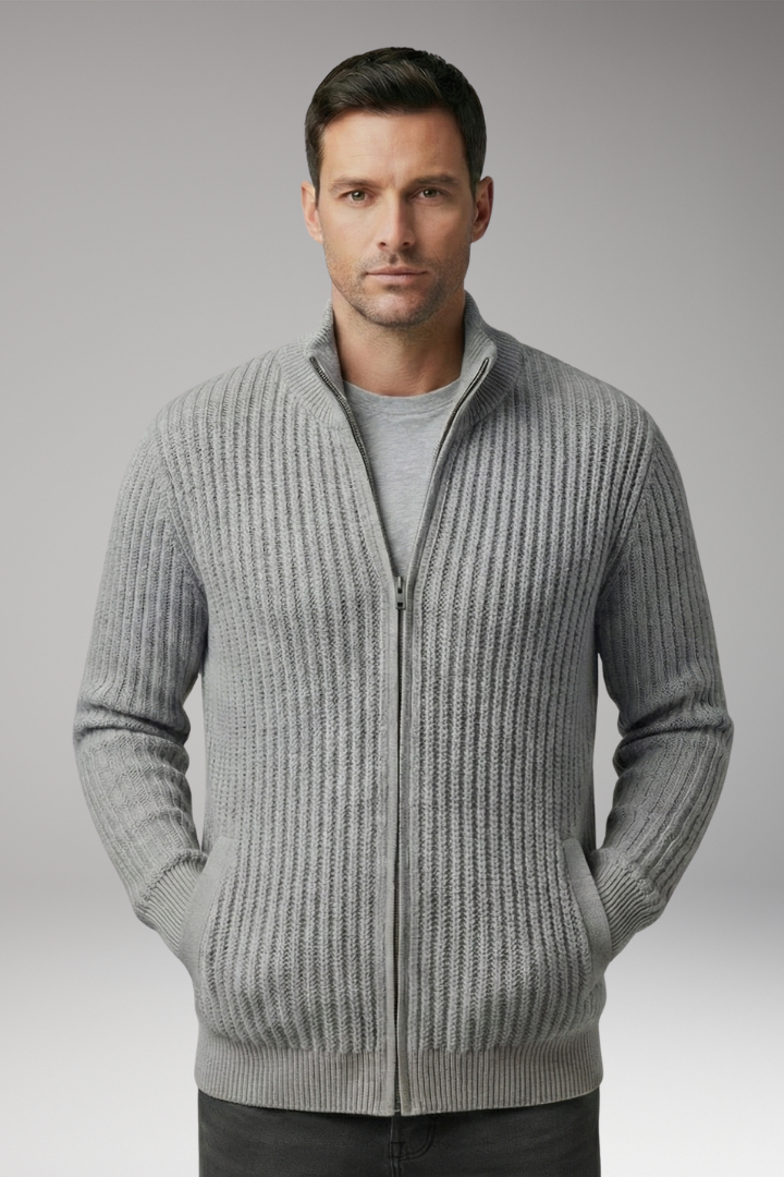 Men’s Knit Cardigan with Stand Collar and Stripes