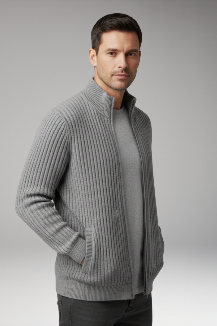Men’s Knit Cardigan with Stand Collar and Stripes