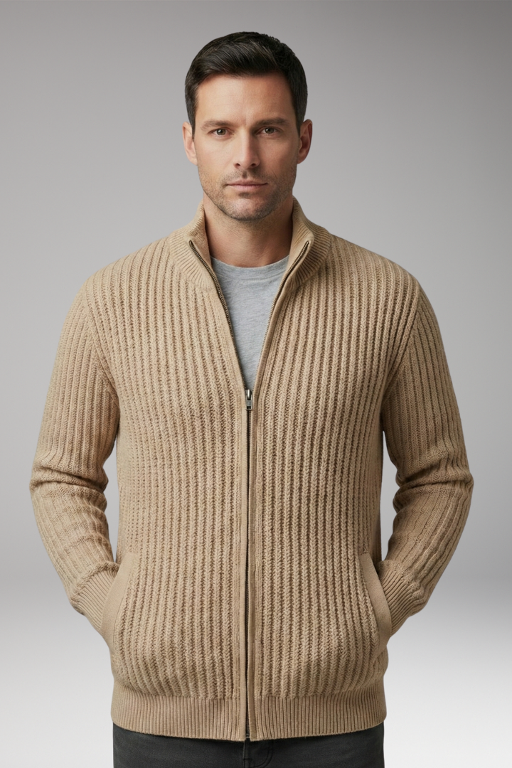 Men’s Knit Cardigan with Stand Collar and Stripes