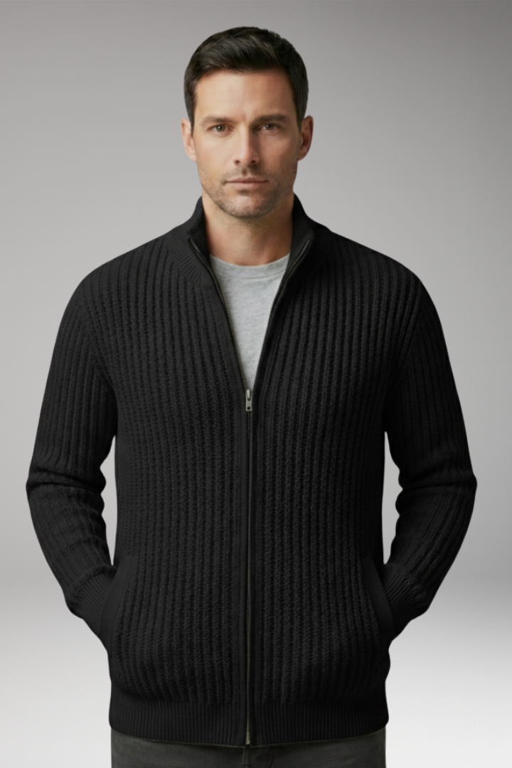 Men’s Knit Cardigan with Stand Collar and Stripes