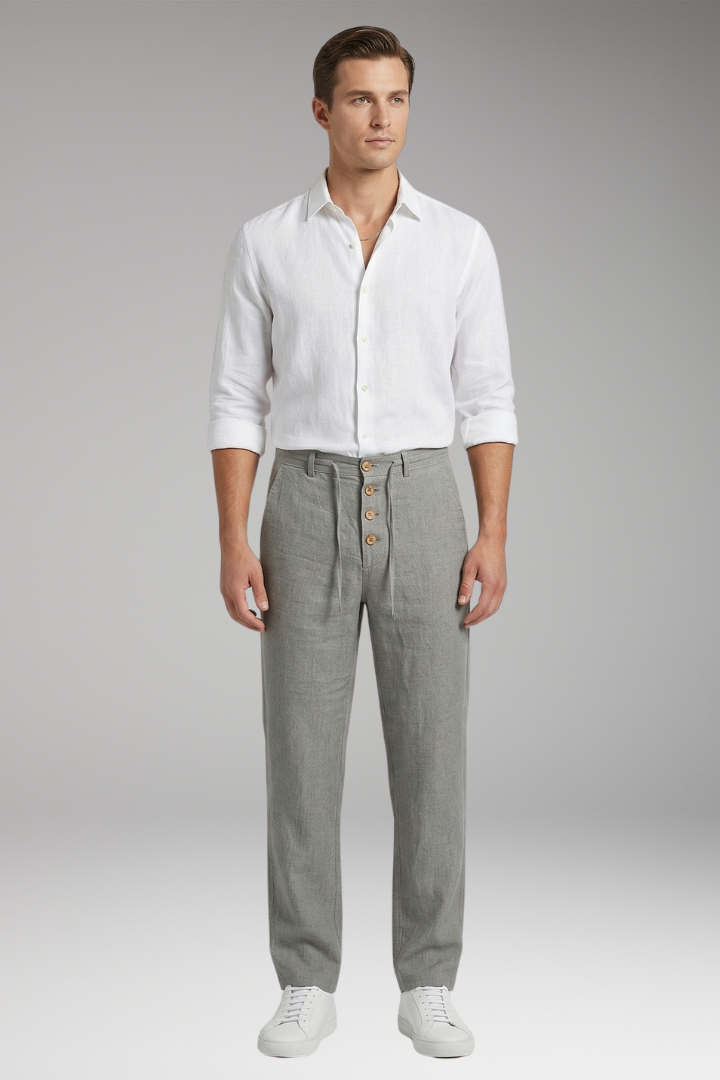 Men's Linen Blend Trousers with Adjustable Waistband and Cuffed Hem