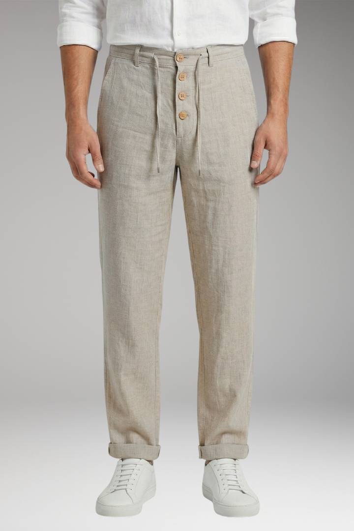 Men's Linen Blend Trousers with Adjustable Waistband and Cuffed Hem