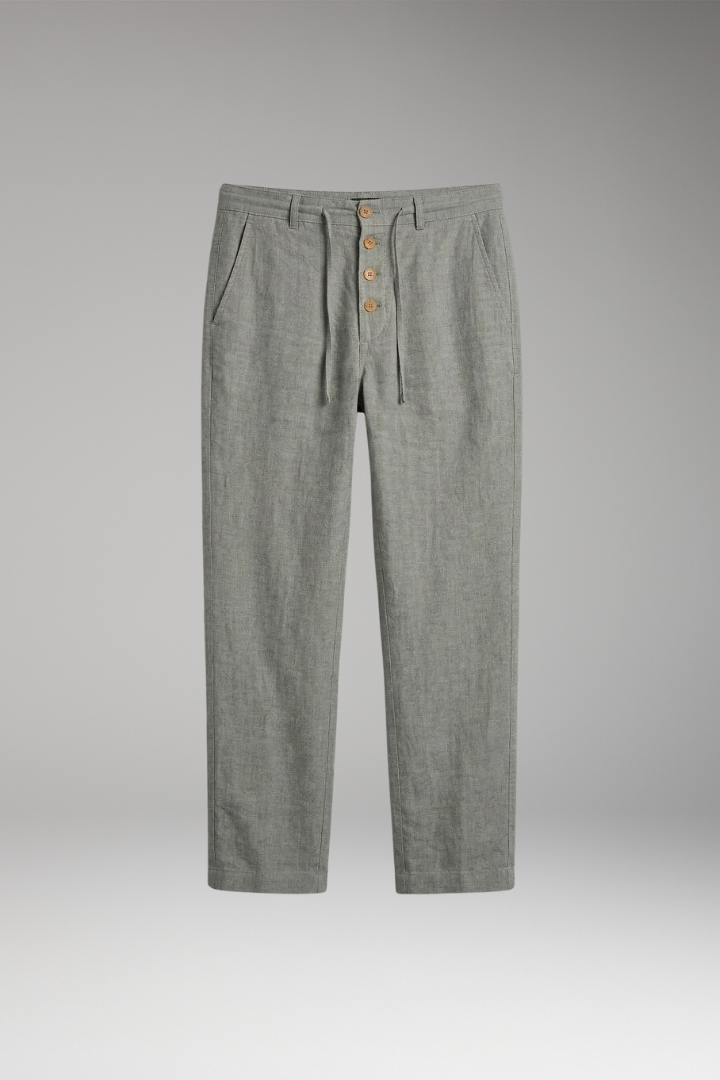 Men's Linen Blend Trousers with Adjustable Waistband and Cuffed Hem