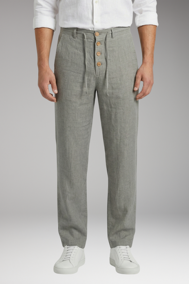 Men's Linen Blend Trousers with Adjustable Waistband and Cuffed Hem