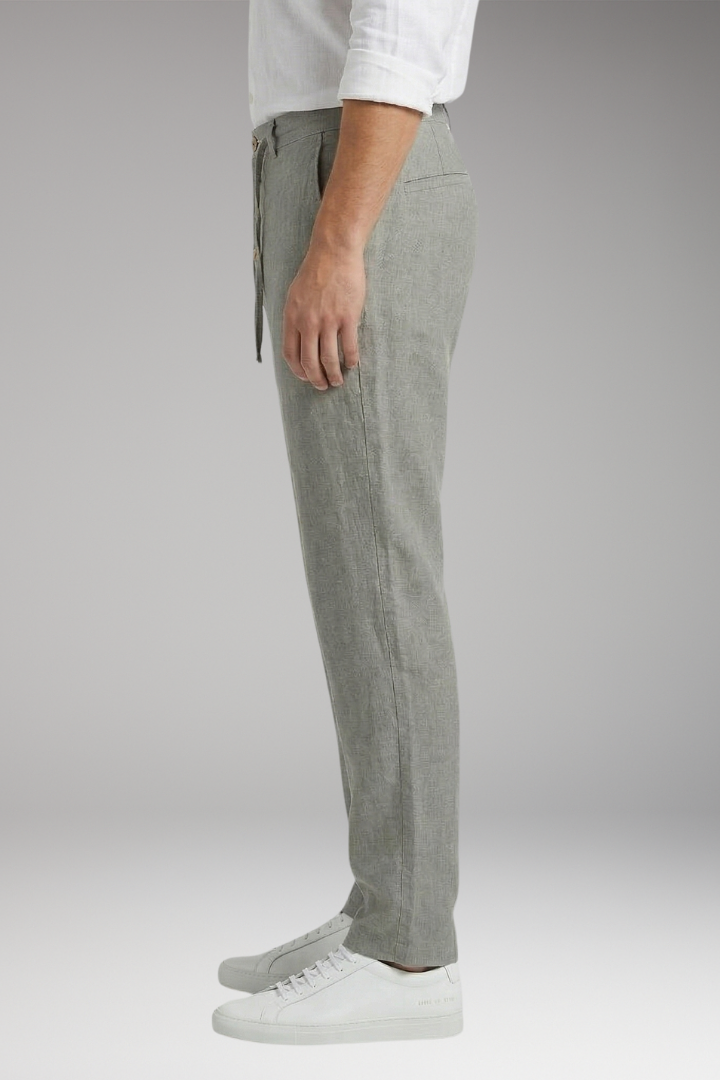 Men's Linen Blend Trousers with Adjustable Waistband and Cuffed Hem