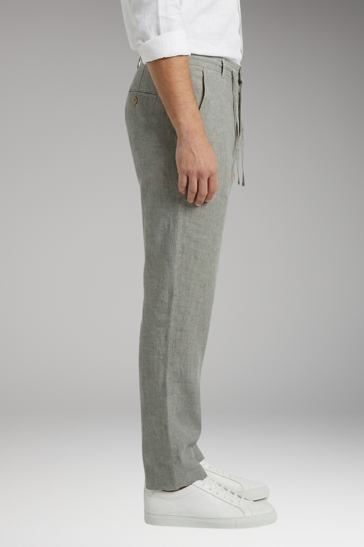 Men's Linen Blend Trousers with Adjustable Waistband and Cuffed Hem