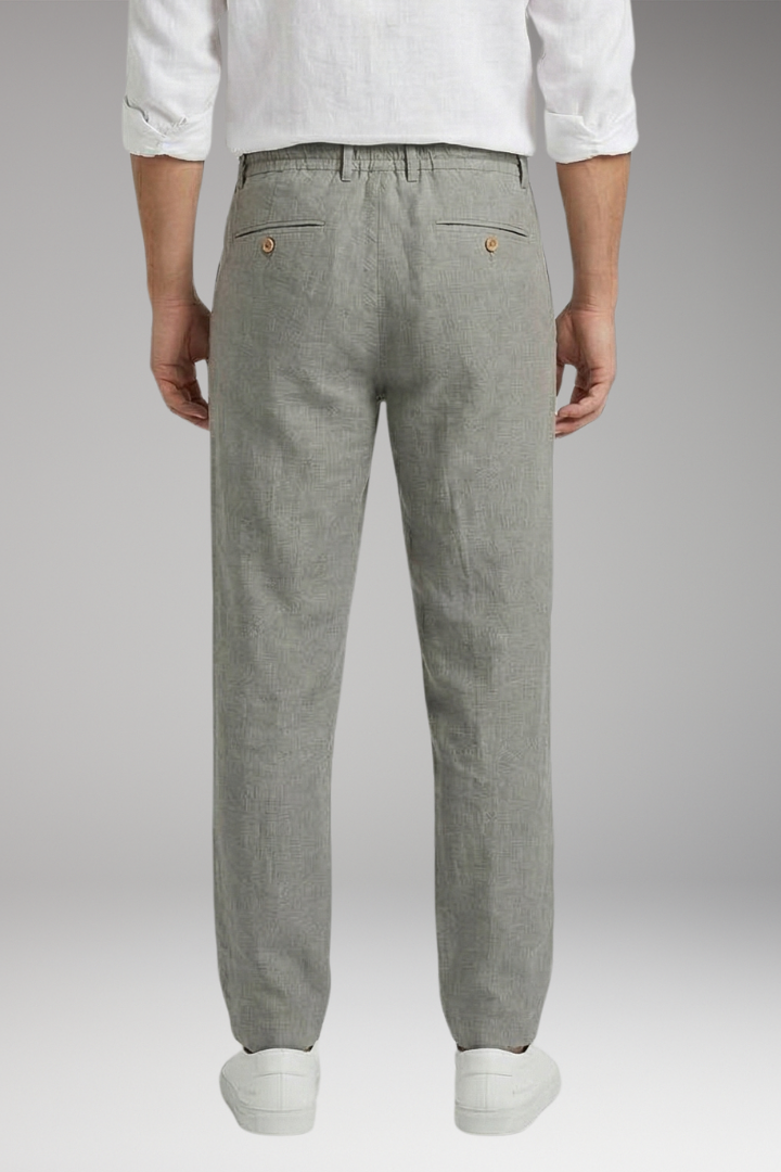 Men's Linen Blend Trousers with Adjustable Waistband and Cuffed Hem