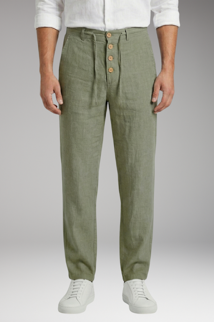 Men's Linen Blend Trousers with Adjustable Waistband and Cuffed Hem