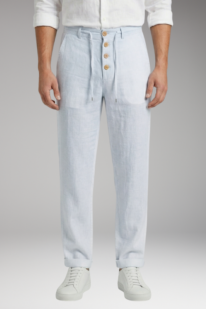 Men's Linen Blend Trousers with Adjustable Waistband and Cuffed Hem