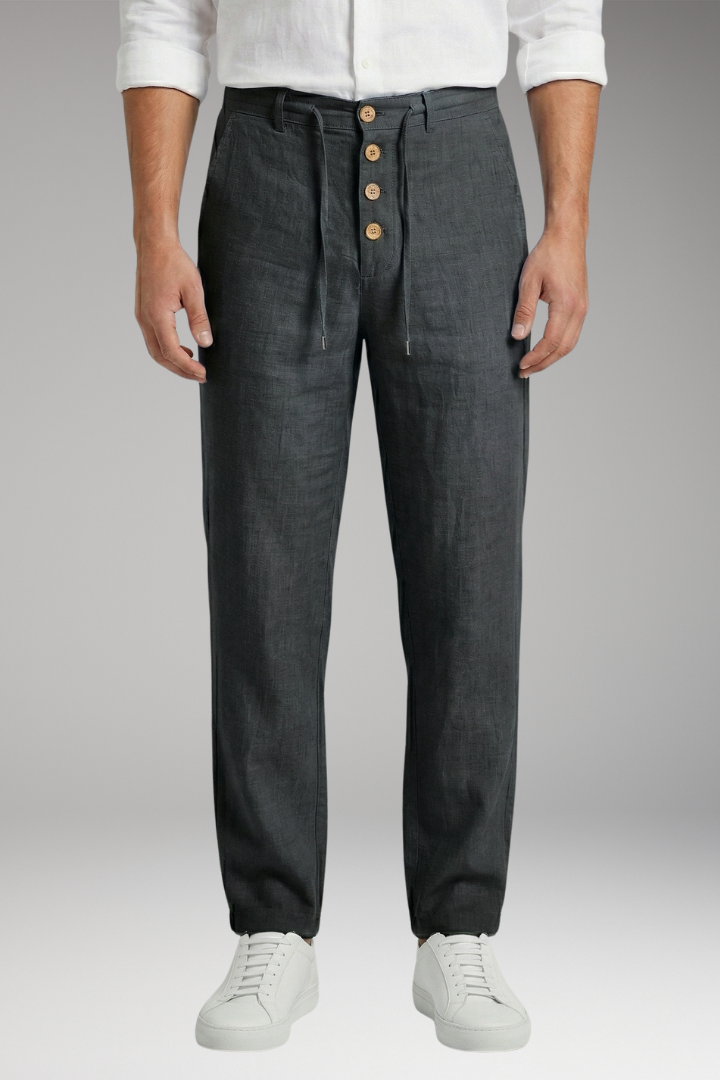 Men's Linen Blend Trousers with Adjustable Waistband and Cuffed Hem