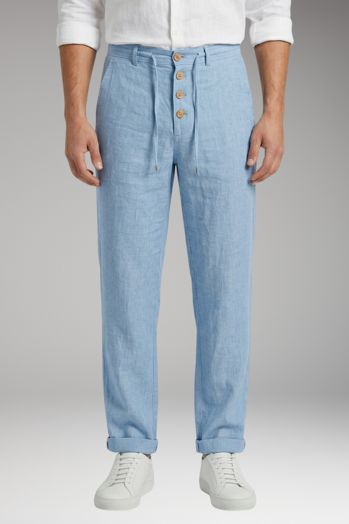 Men's Linen Blend Trousers with Adjustable Waistband and Cuffed Hem