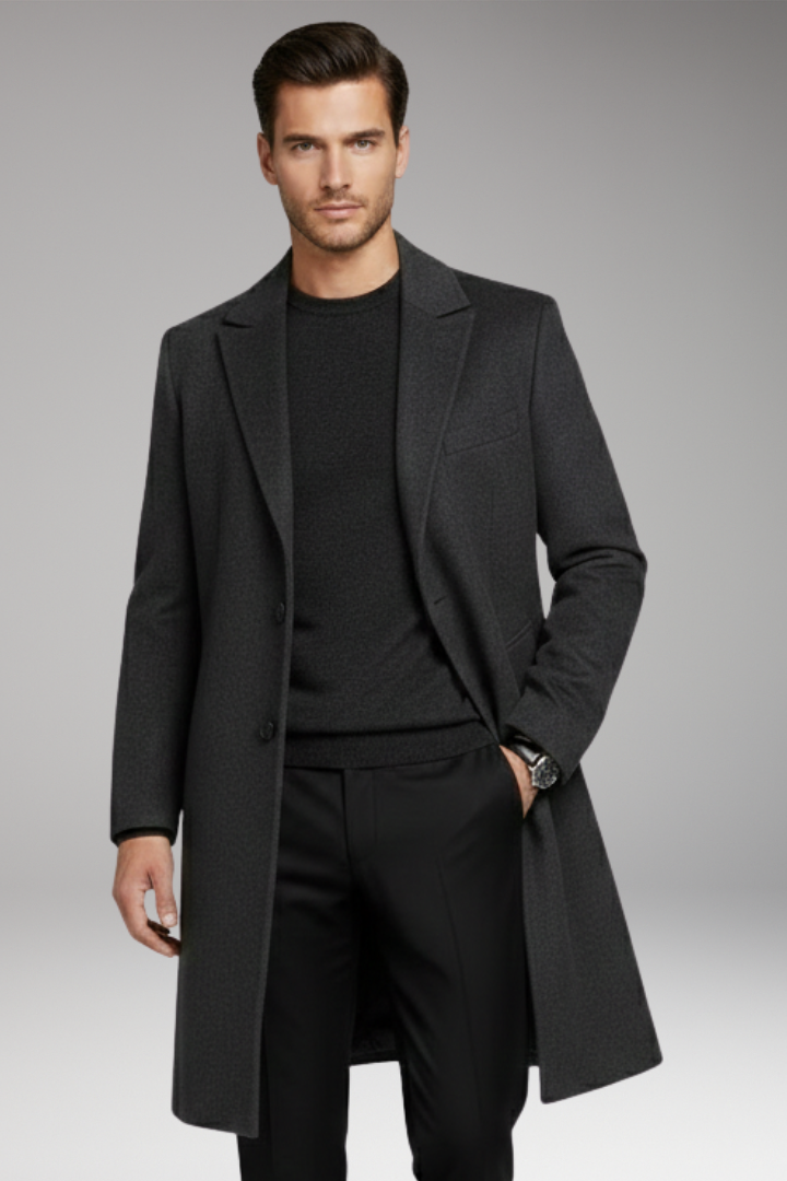 Men's Long Coat with Notched Lapel and Seam Pockets
