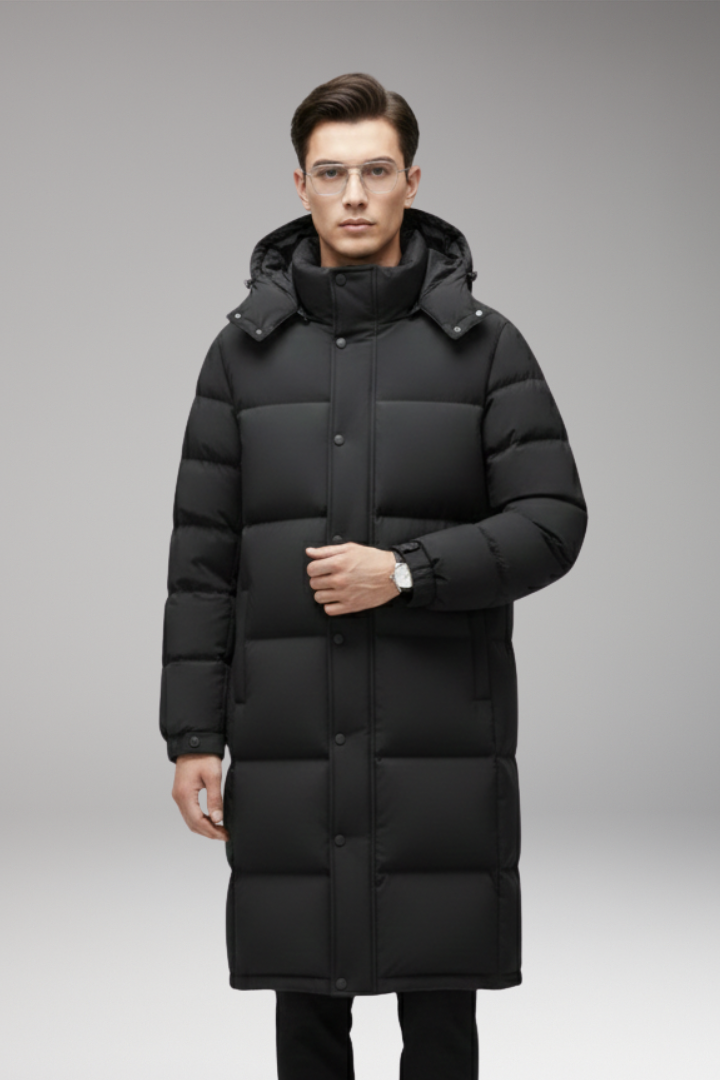 Men's Long Jacket with Hood and Quilted Surface