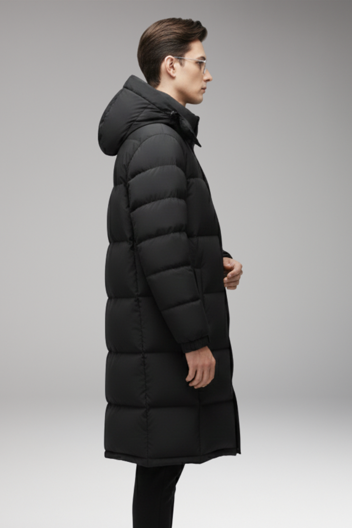 Men's Long Jacket with Hood and Quilted Surface