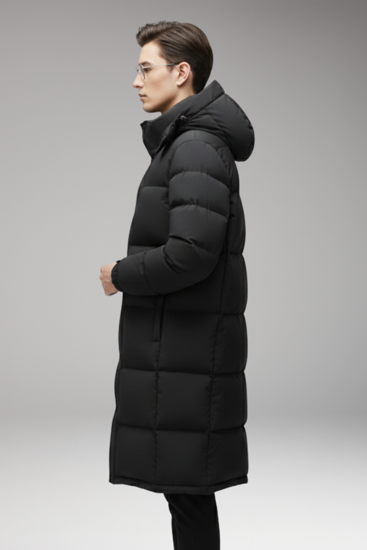 Men's Long Jacket with Hood and Quilted Surface