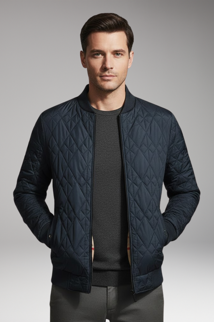 Men's Padded Bomber Jacket with Check Pattern and Side Pockets