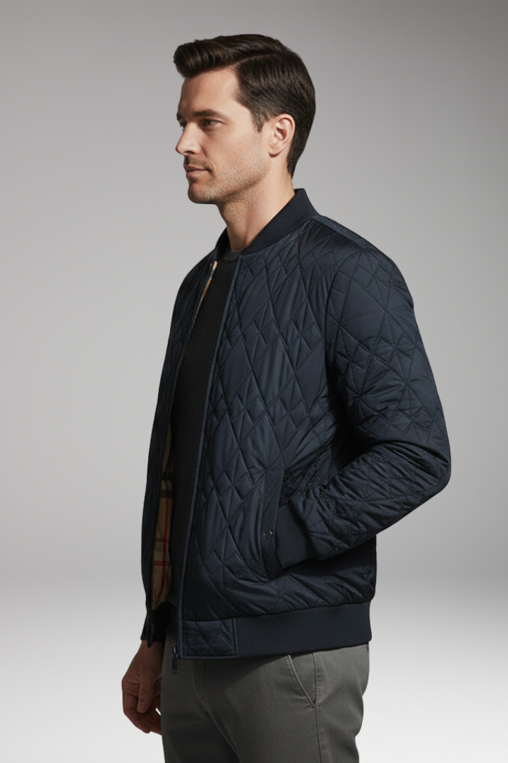 Men's Padded Bomber Jacket with Check Pattern and Side Pockets