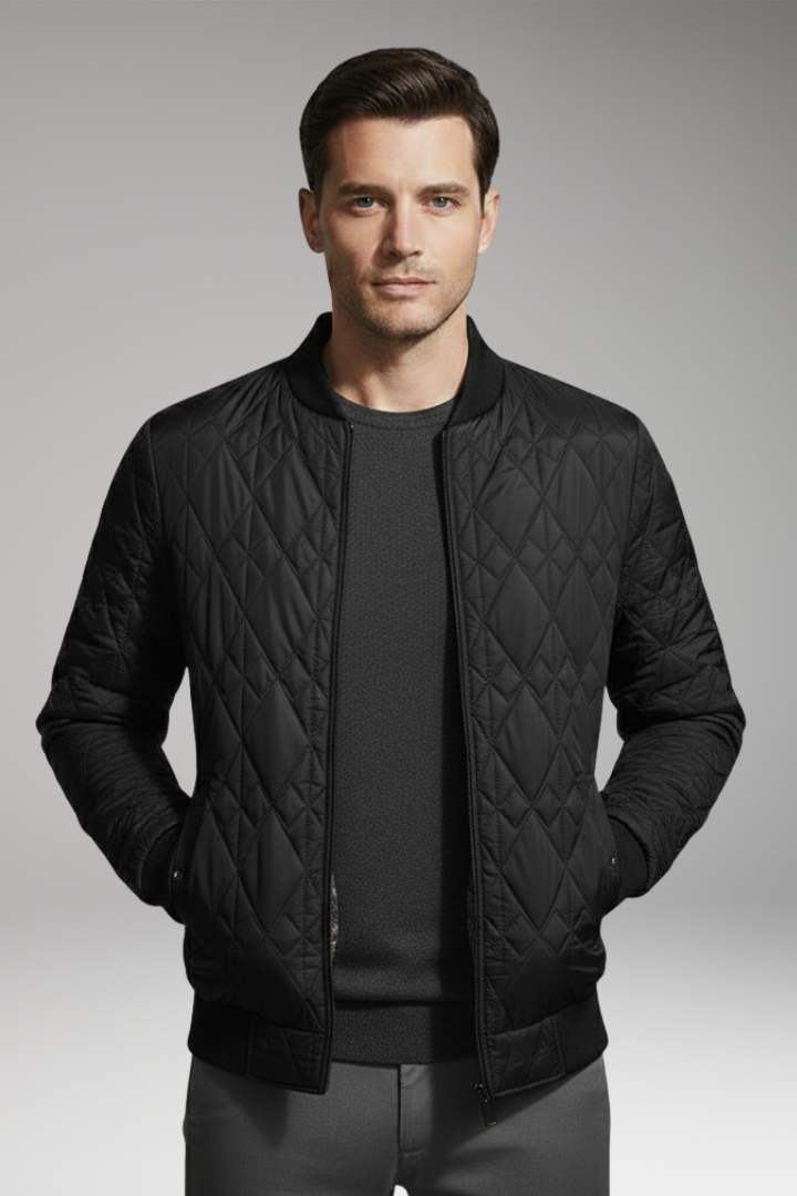 Men's Padded Bomber Jacket with Check Pattern and Side Pockets